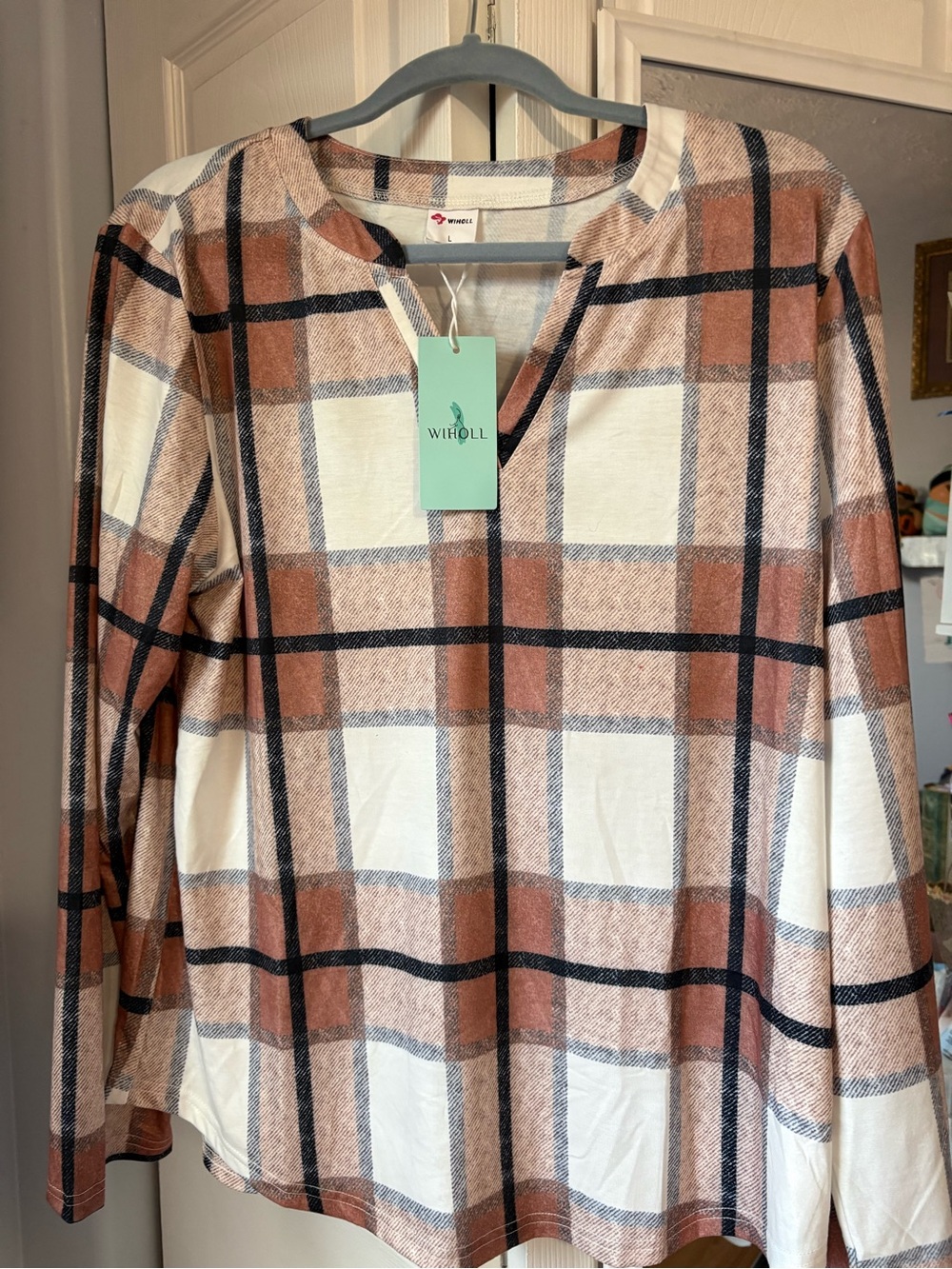Wiholl Plaid Long Sleeve Split Neck Top - Rust & Cream